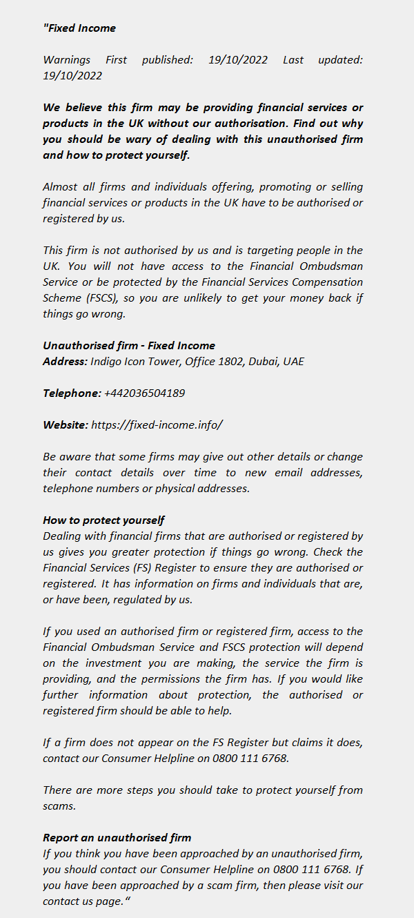 FIXED INCOME of the FCA Warning List 
