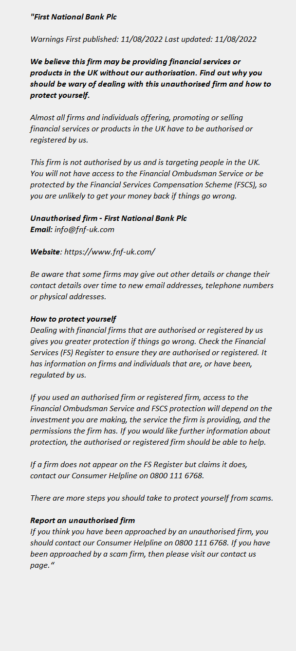 FIRST NATIONAL BANK PLC ++ FCA Warning List 