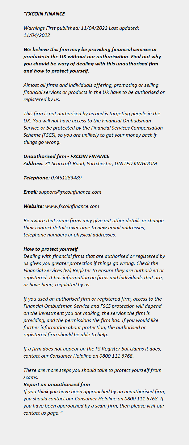 fxcoinfinance.com: FCA issues warning! FXCOIN FINANCE -FCA Warning List