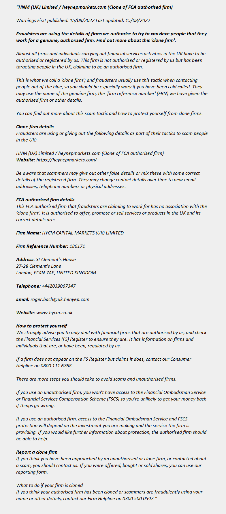 HNM (UK) Limited(clone) ++ HYCM CAPITAL MARKETS (UK) LIMITED + + FCA Warning List 