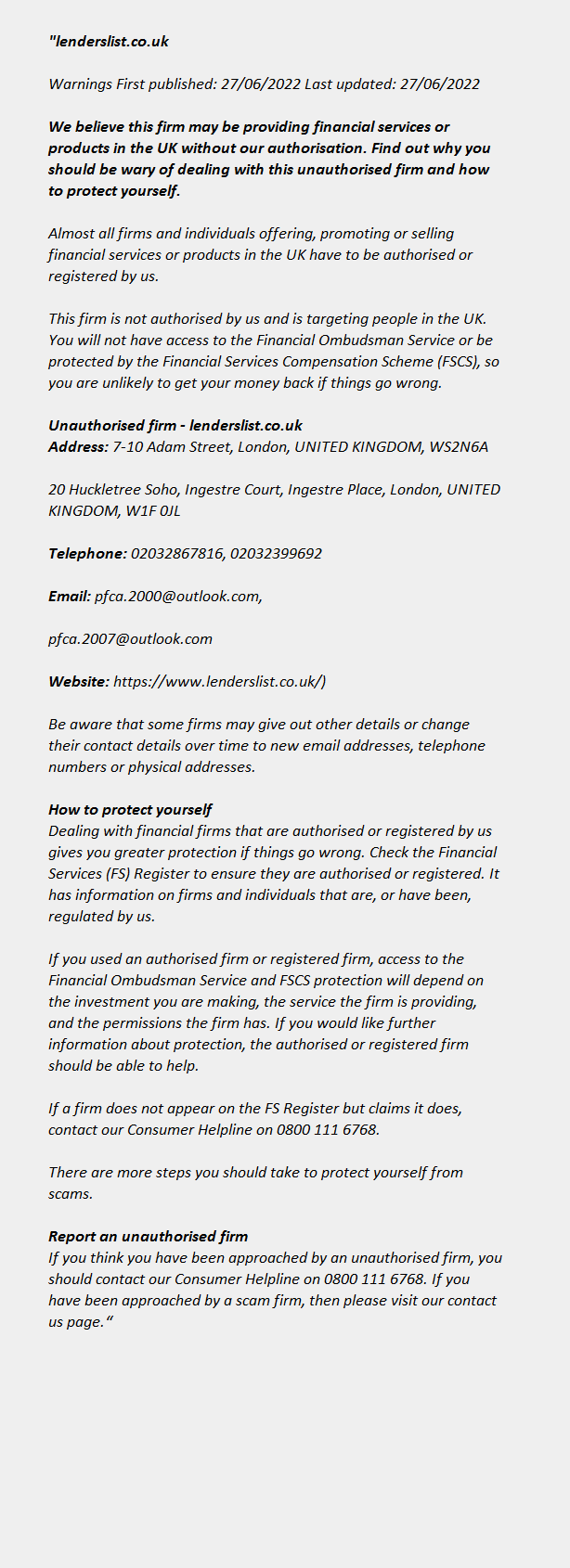 LENDERSLIST.CO.UK ++ FCA Warning List 
