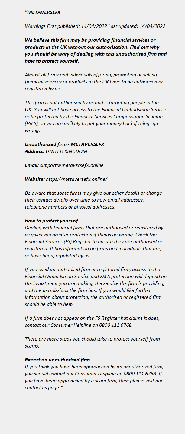 metaversefx.online: FCA issues warning! METAVERSEFX - FCA Warning List