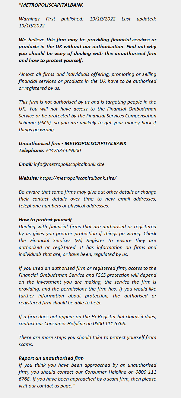 METROPOLISCAPITALBANK of the FCA Warning List 