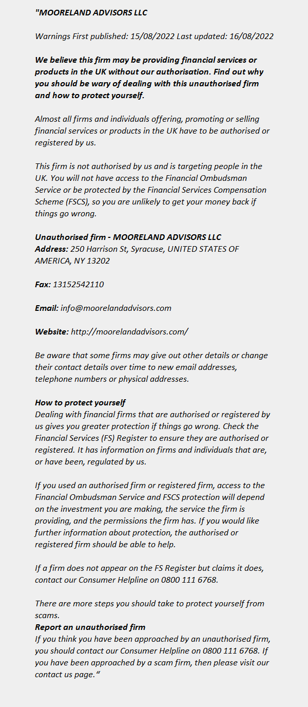 MOORELAND ADVISORS LLC ++ FCA Warning List 