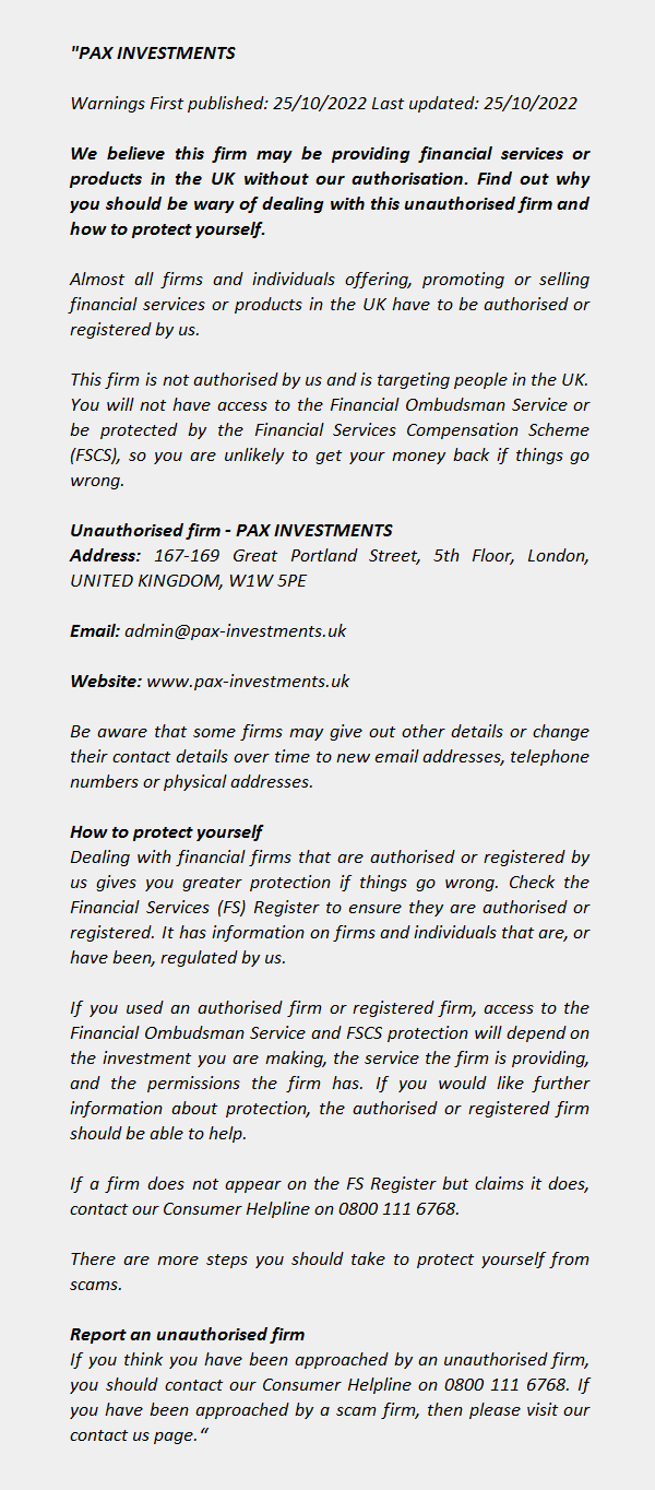 PAX INVESTMENTS - FCA Warning List 
