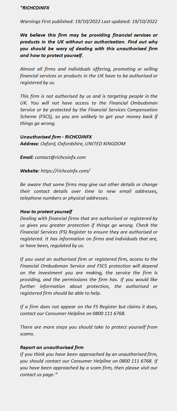 RICHCOINFX of the FCA Warning List 