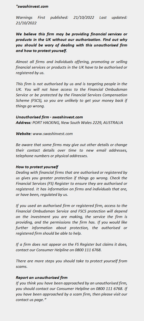 SWASHINVEST.COM of the FCA Warning List 