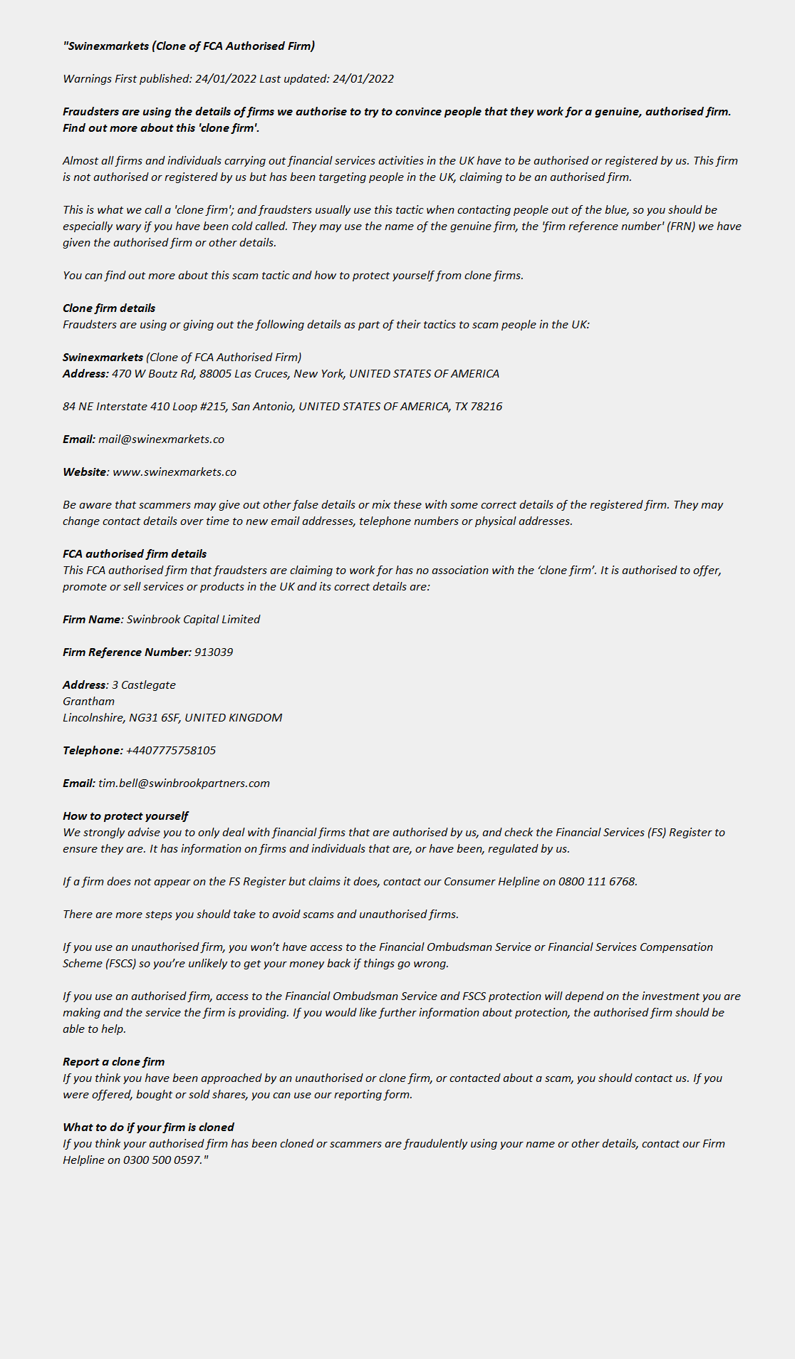SWINEXMARKETS (CLONE OF SWINBROOK CAPITAL LIMITED) - FCA – Warning swinexmarkets.co (clone)