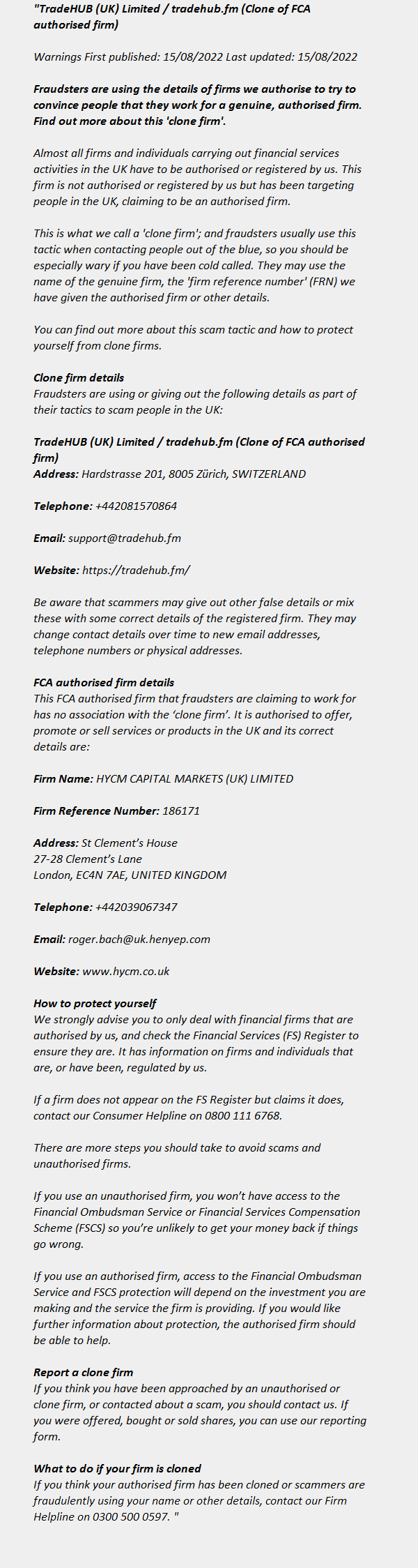 HYCM CAPITAL MARKETS (UK) LIMITED ++ FCA Warning List 