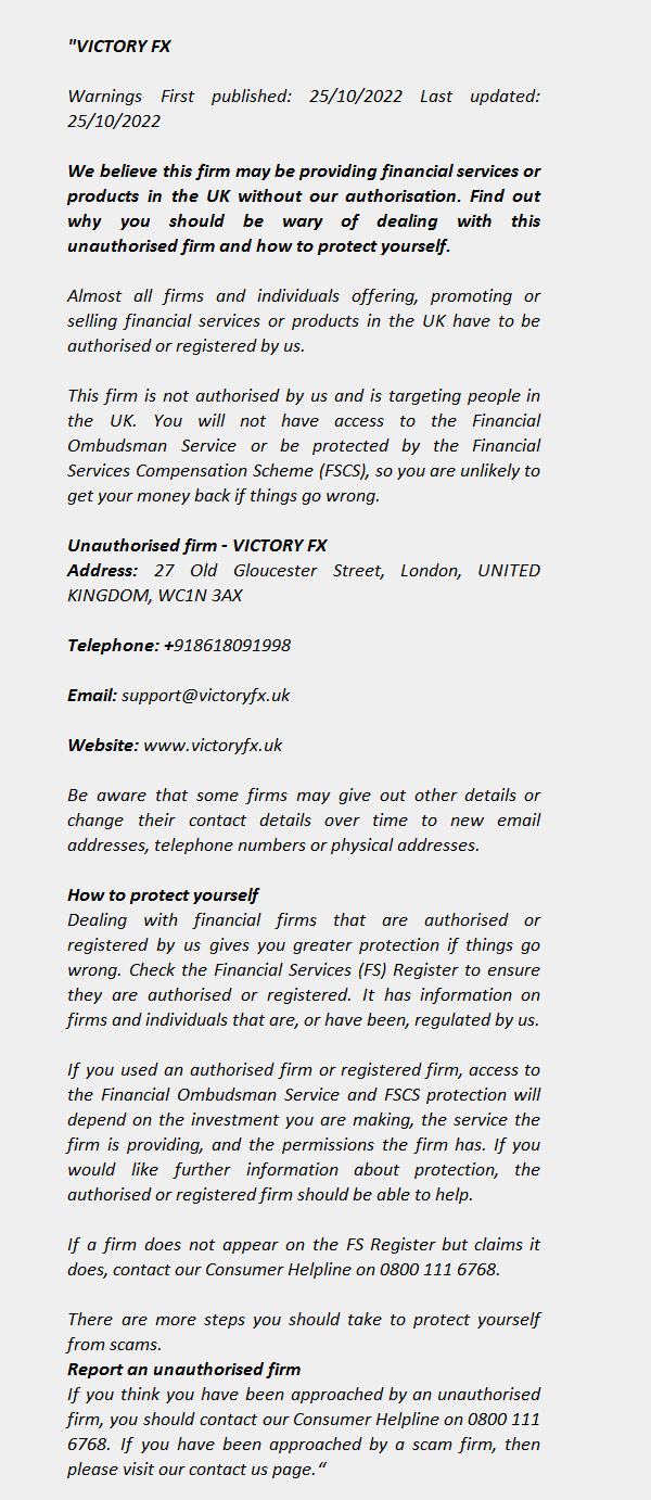 VICTORY FX - FCA Warning List 